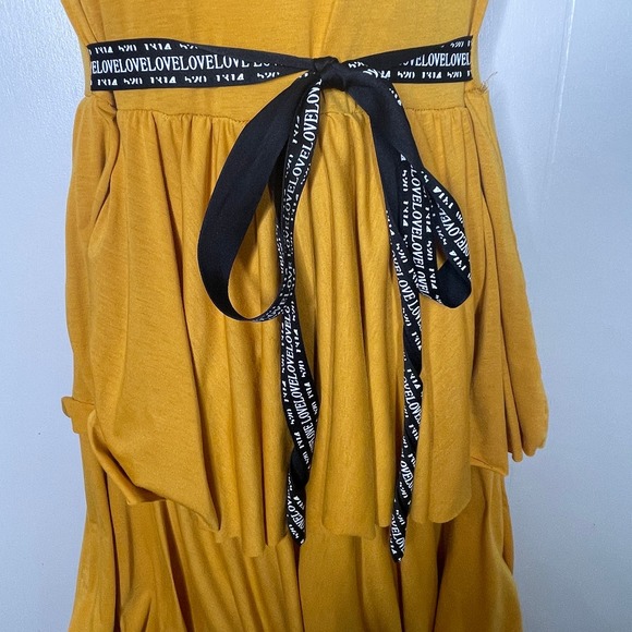 SHEIN Mustard Yellow Layered Ruffle Dress with Black "Love" Belt Size Small - Picture 6 of 8